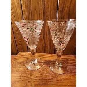 Set of 2 Handblown Art Glass Wine Goblets – Clear Glass w/ Red & Green Pebbles